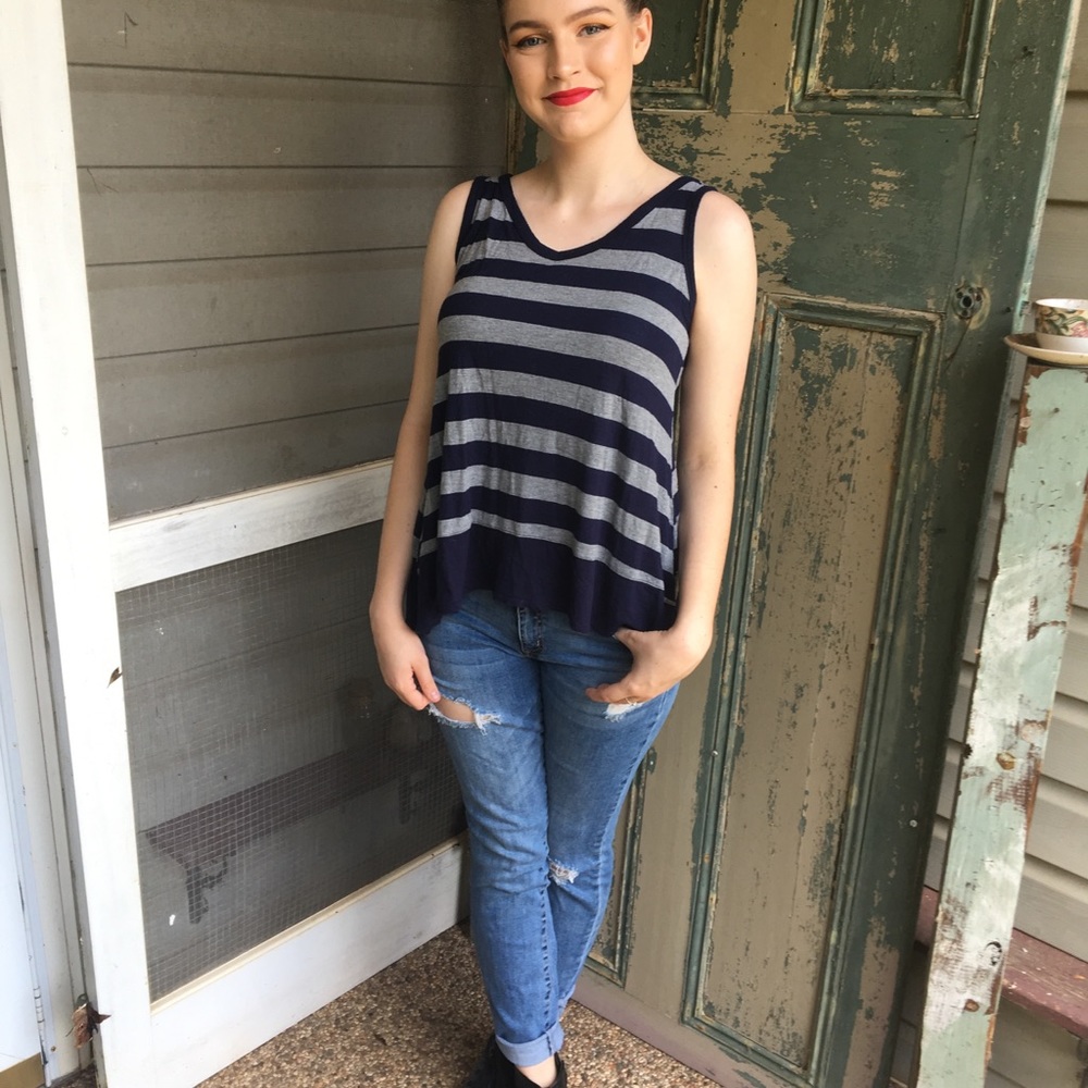 Dark Blue and Light Gray Horizontal Striped Tank